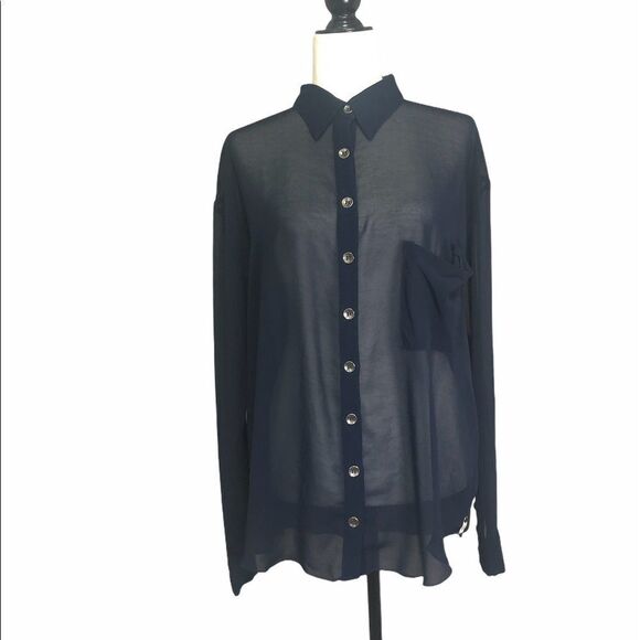 One Teaspoon Sheer Navy Button Down Long Sleeve - Picture 1 of 8